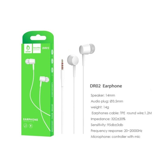 DENMEN WIRE CONTROL EARPHONES DR02 3.5MM WHITE